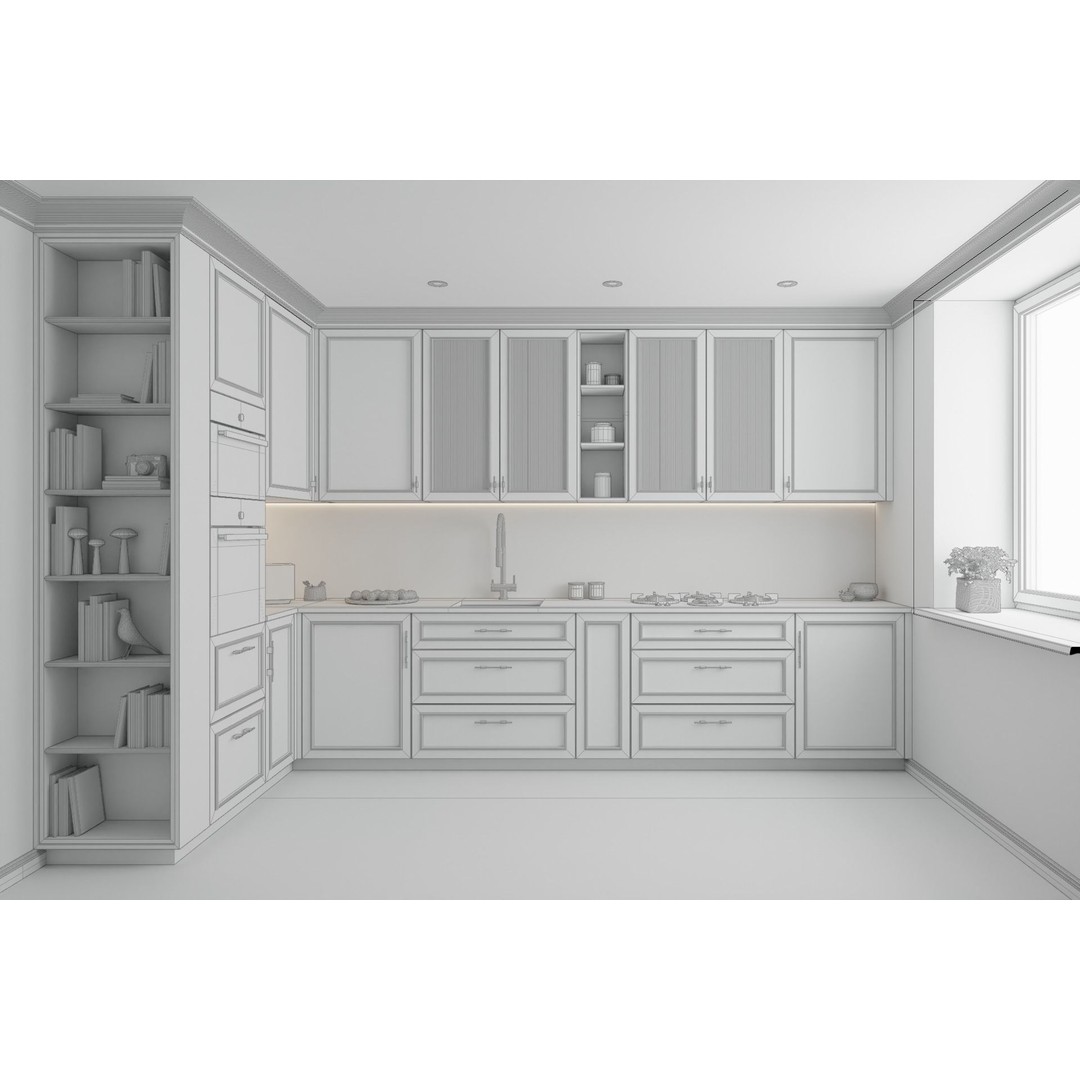 L-Shape Kitchen 3D Model – Contemporary Classic Design, FBX, Blender - View 3