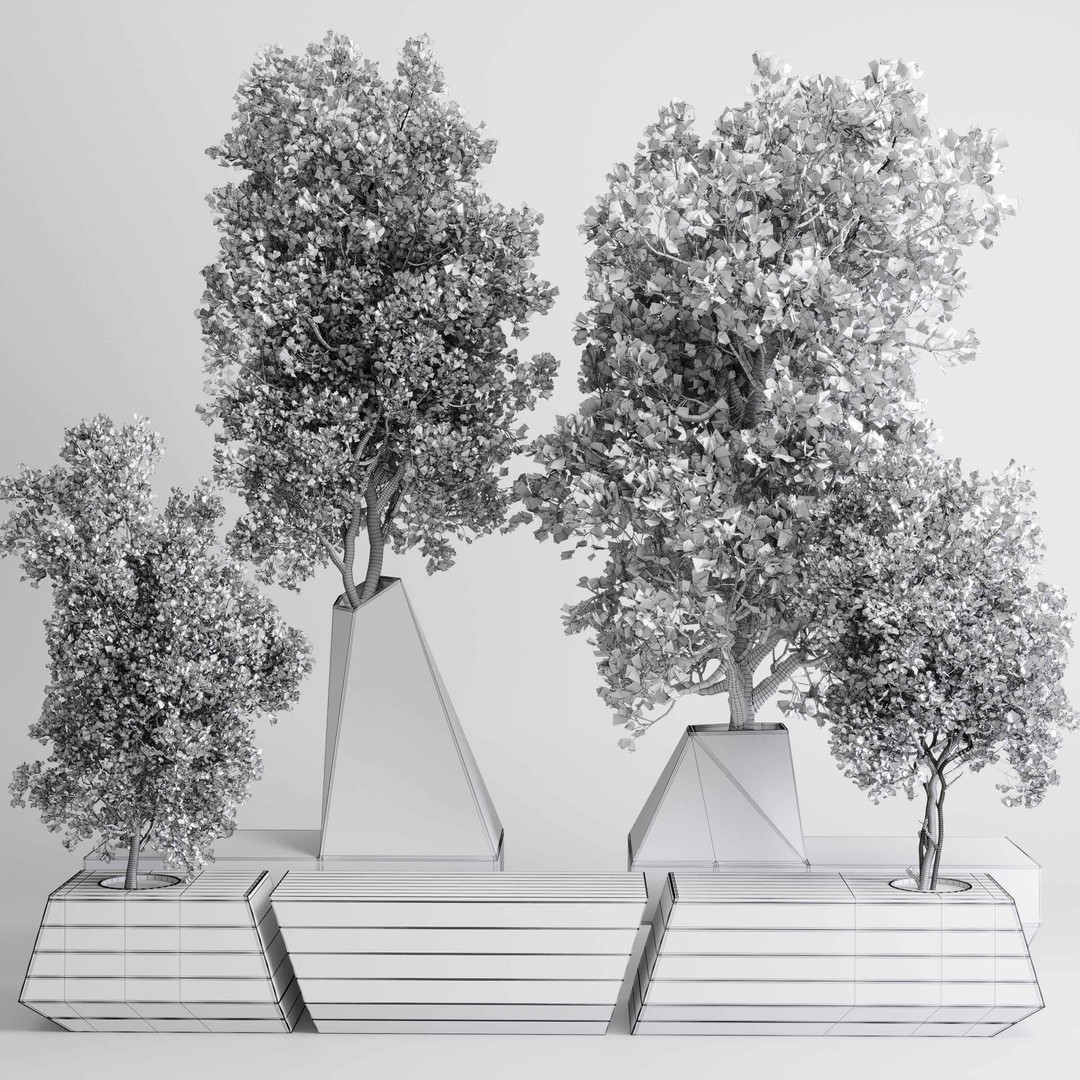 Concrete Box Plants on Stand 3D Model – Urban Furniture Bench, PBR