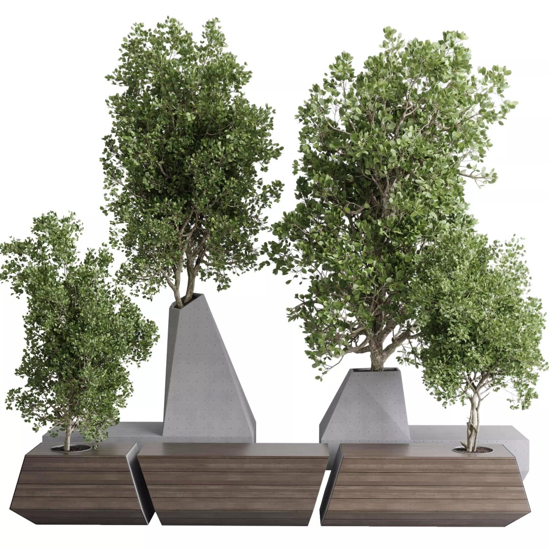 Concrete Box Plants on Stand 3D Model – Urban Furniture Bench, PBR - View 2