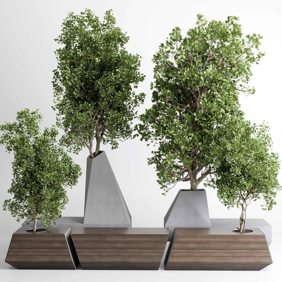 Concrete Box Plants on Stand 3D Model – Urban Furniture Bench, PBR - View 3