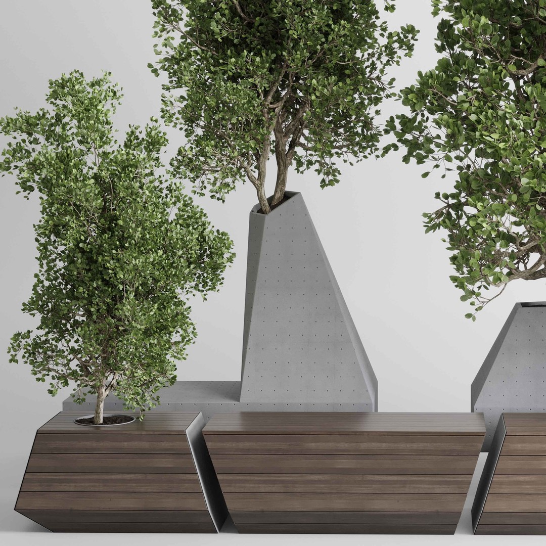 Concrete Box Plants on Stand 3D Model – Urban Furniture Bench, PBR - View 4