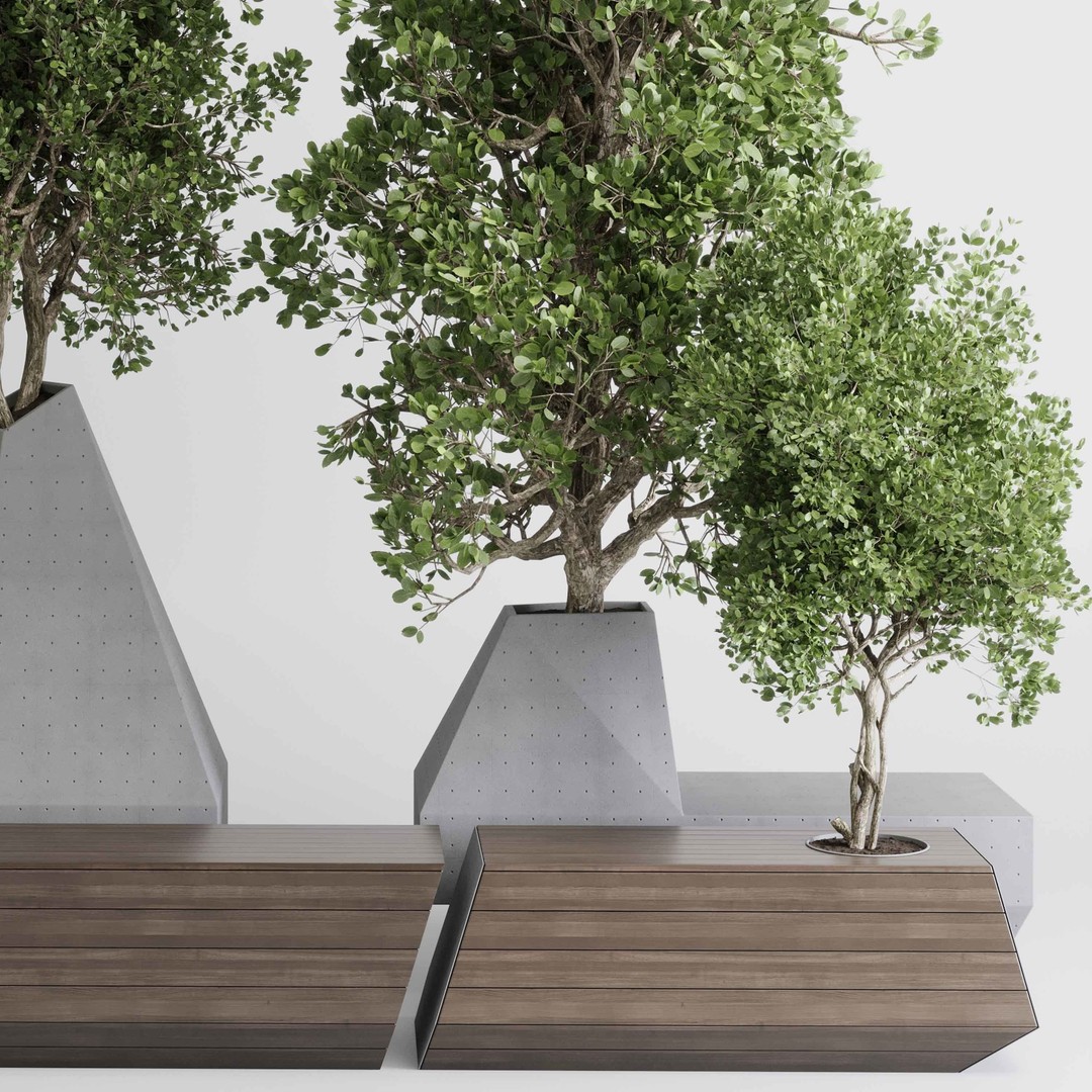 Concrete Box Plants on Stand 3D Model – Urban Furniture Bench, PBR - View 5