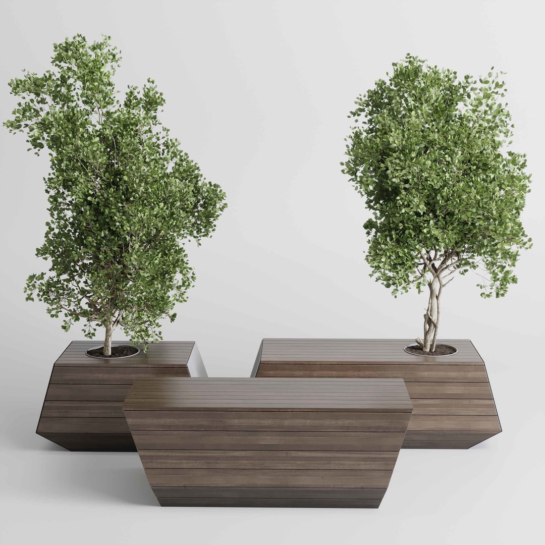 Concrete Box Plants on Stand 3D Model – Urban Furniture Bench, PBR - View 6