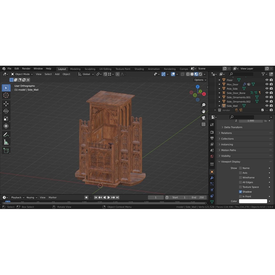 Confessional 3D Model – Gothic Design, Rigged, PBR Textures, FBX