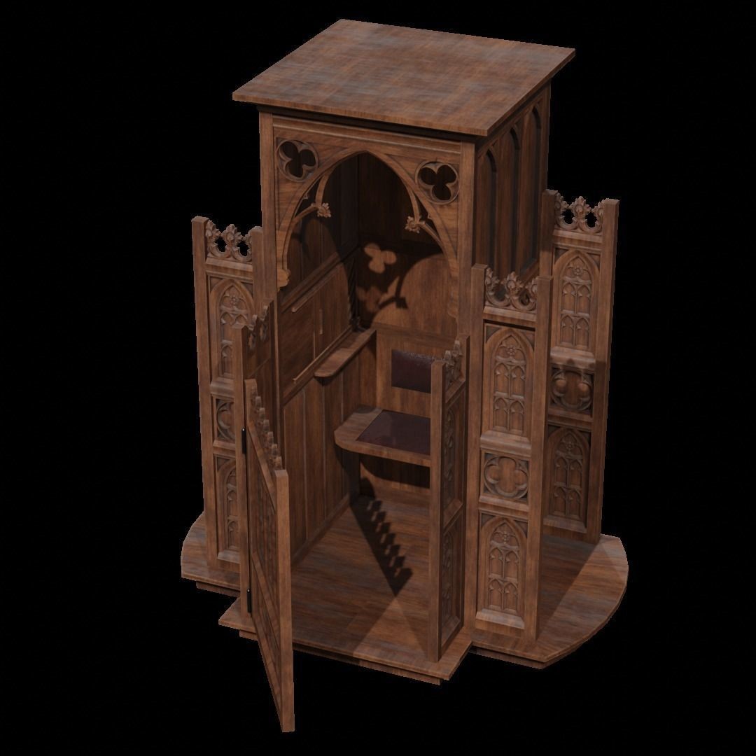 Confessional 3D Model – Gothic Design, Rigged, PBR Textures, FBX - View 12