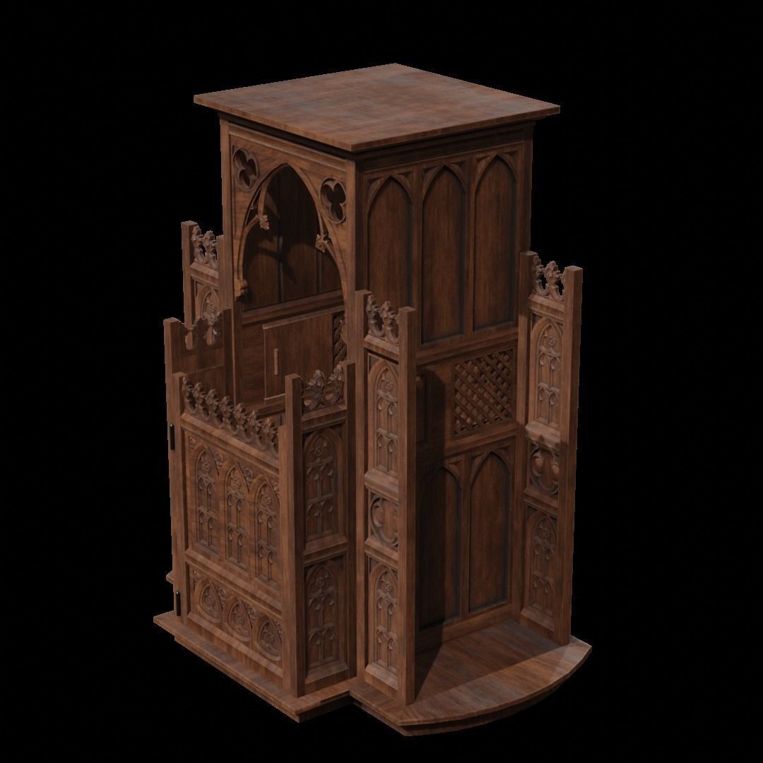 Confessional 3D Model – Gothic Design, Rigged, PBR Textures, FBX - View 13