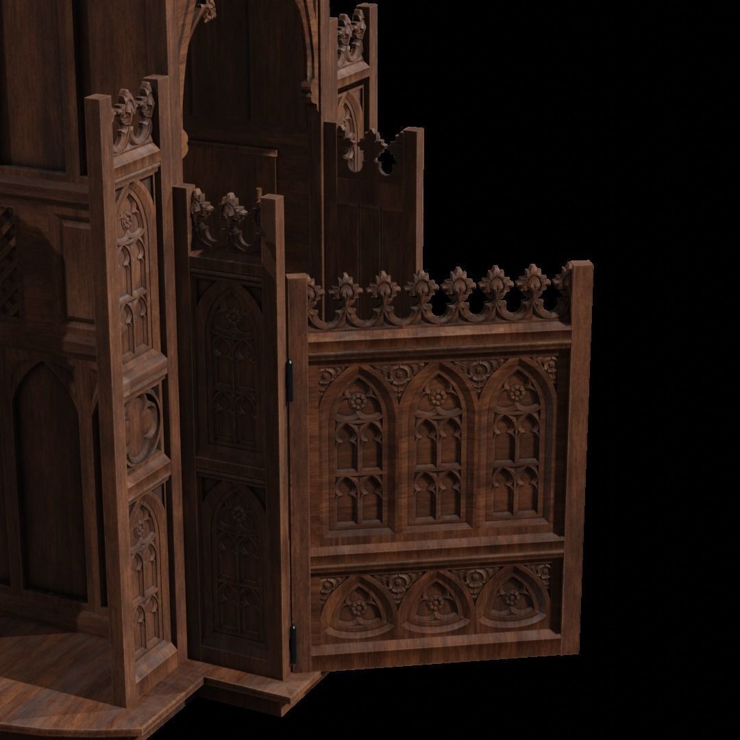 Confessional 3D Model – Gothic Design, Rigged, PBR Textures, FBX - View 14