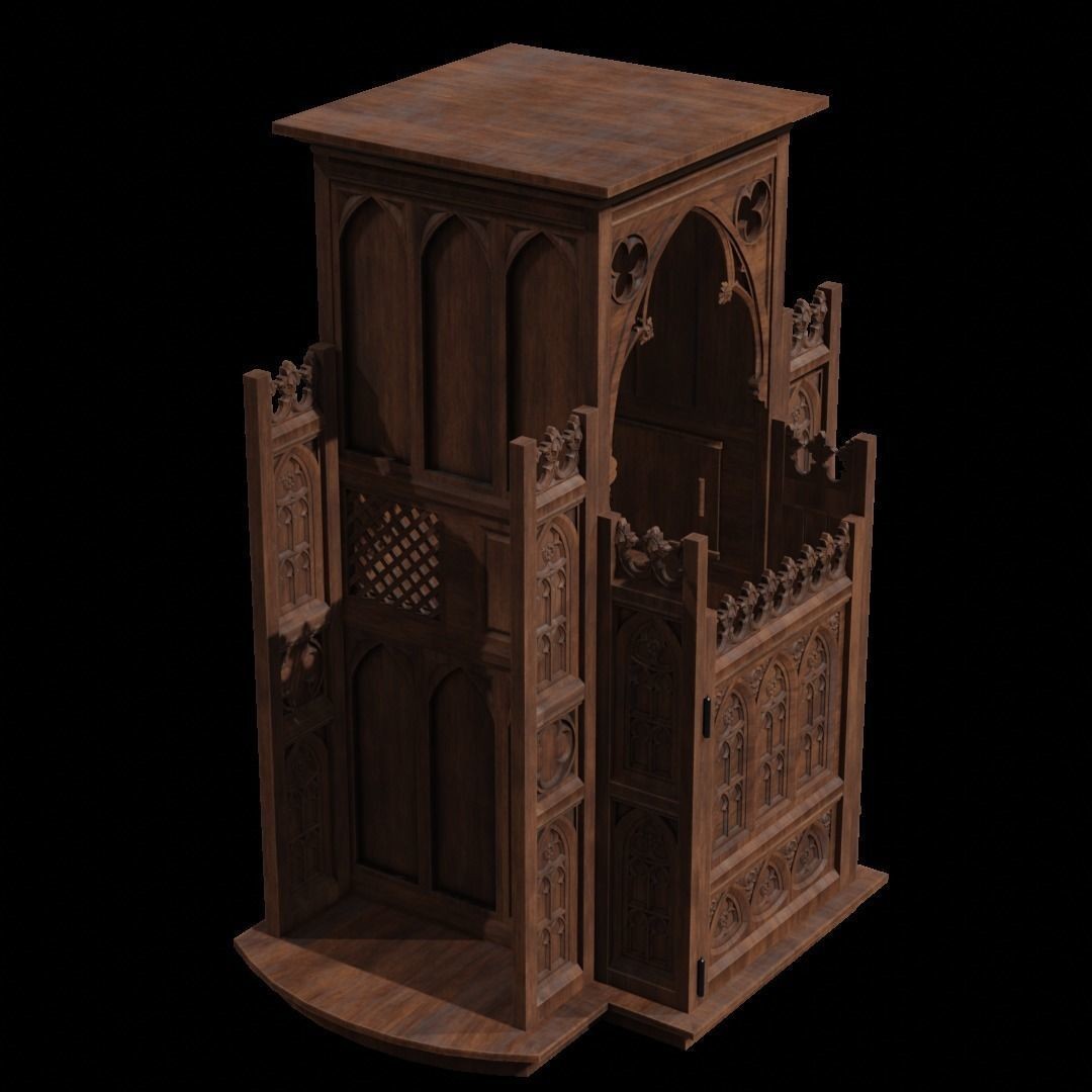 Confessional 3D Model – Gothic Design, Rigged, PBR Textures, FBX - View 33