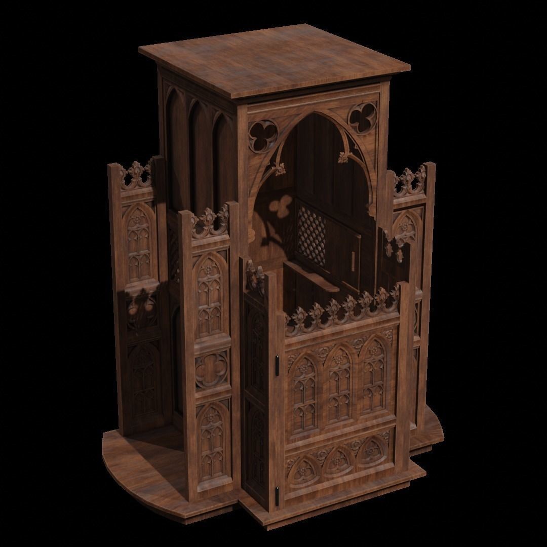 Confessional 3D Model – Gothic Design, Rigged, PBR Textures, FBX - View 4