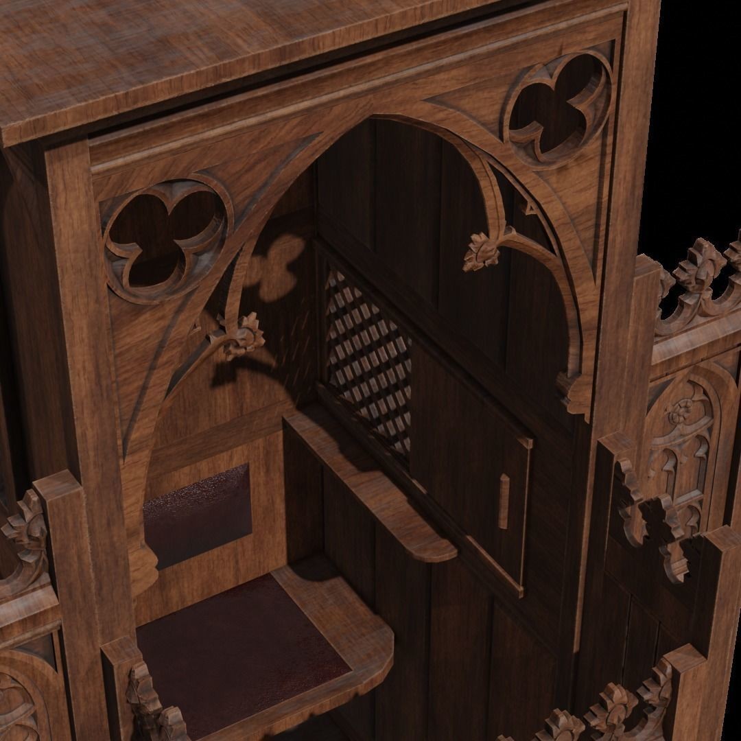 Confessional 3D Model – Gothic Design, Rigged, PBR Textures, FBX - View 7