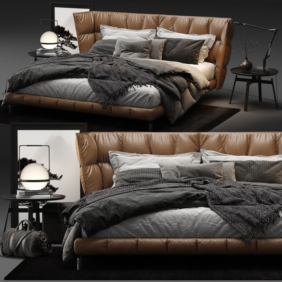 Luxury Modern Leather Husk Bed 3D Model – High-Quality PBR Asset, FBX - View 3