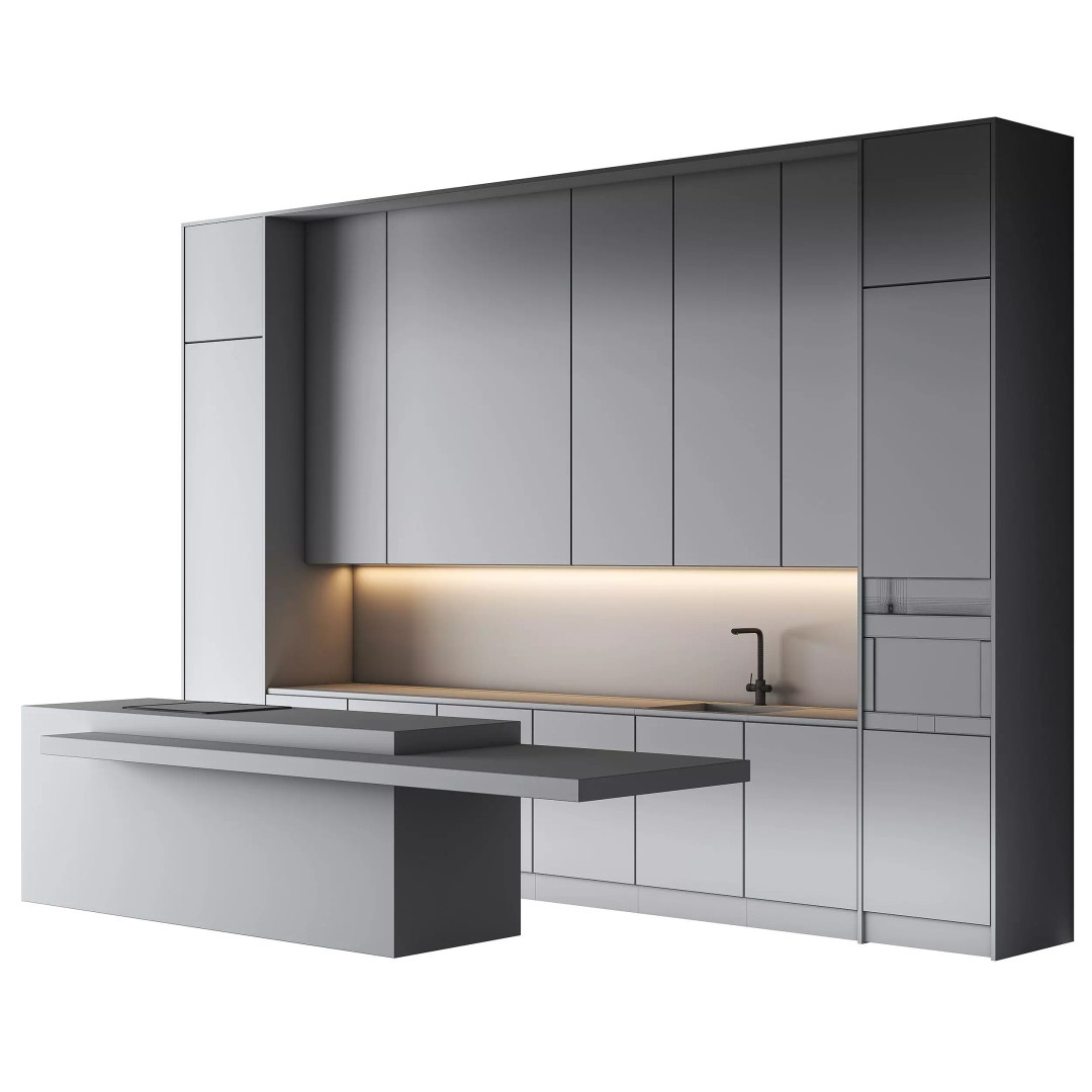 Elegant Kitchen 3D Model – Modern Design with Calacatta Marble Island, FBX
