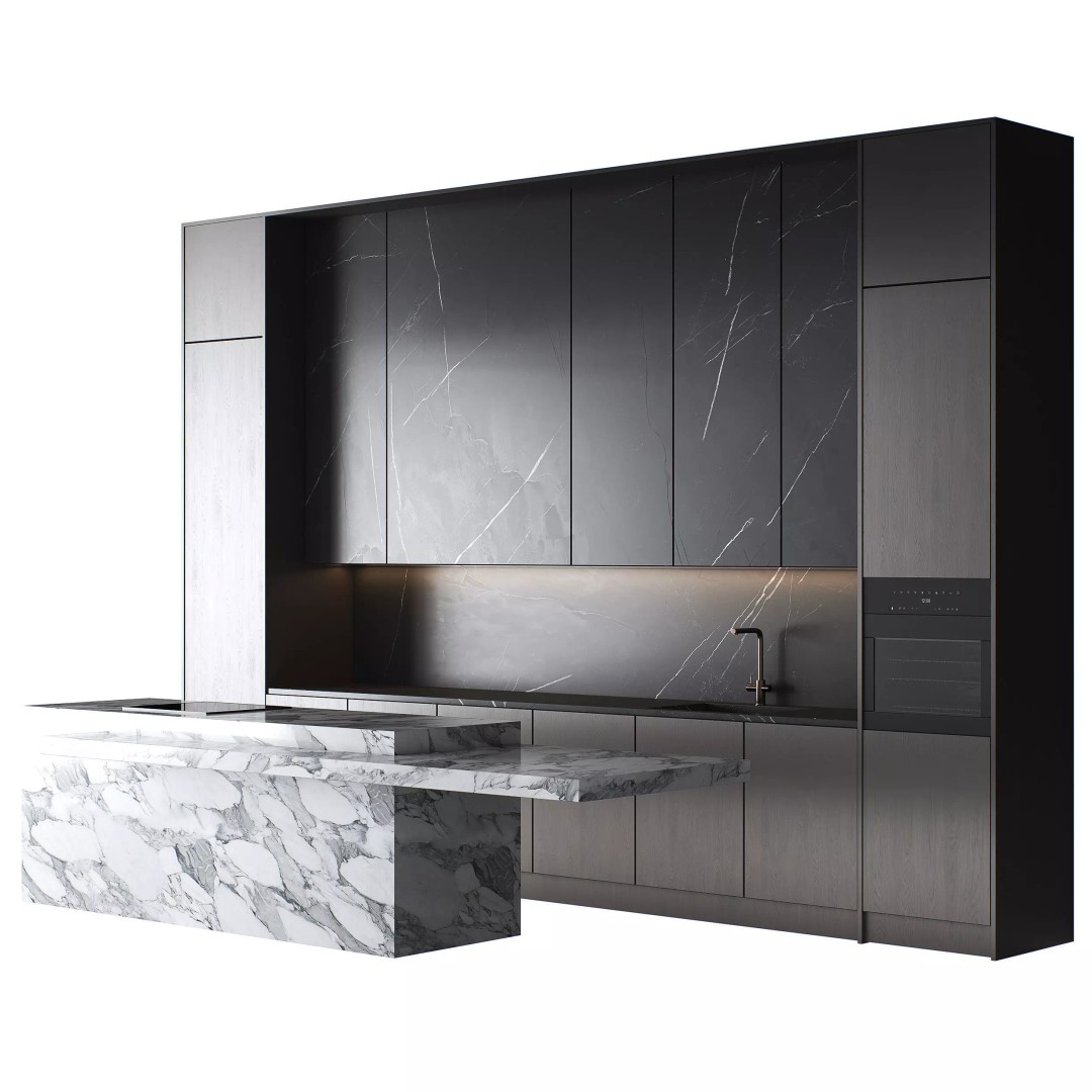 Elegant Kitchen 3D Model – Modern Design with Calacatta Marble Island, FBX - View 2