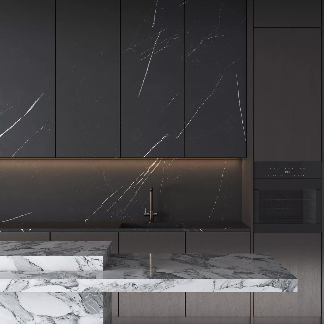 Elegant Kitchen 3D Model – Modern Design with Calacatta Marble Island, FBX - View 3