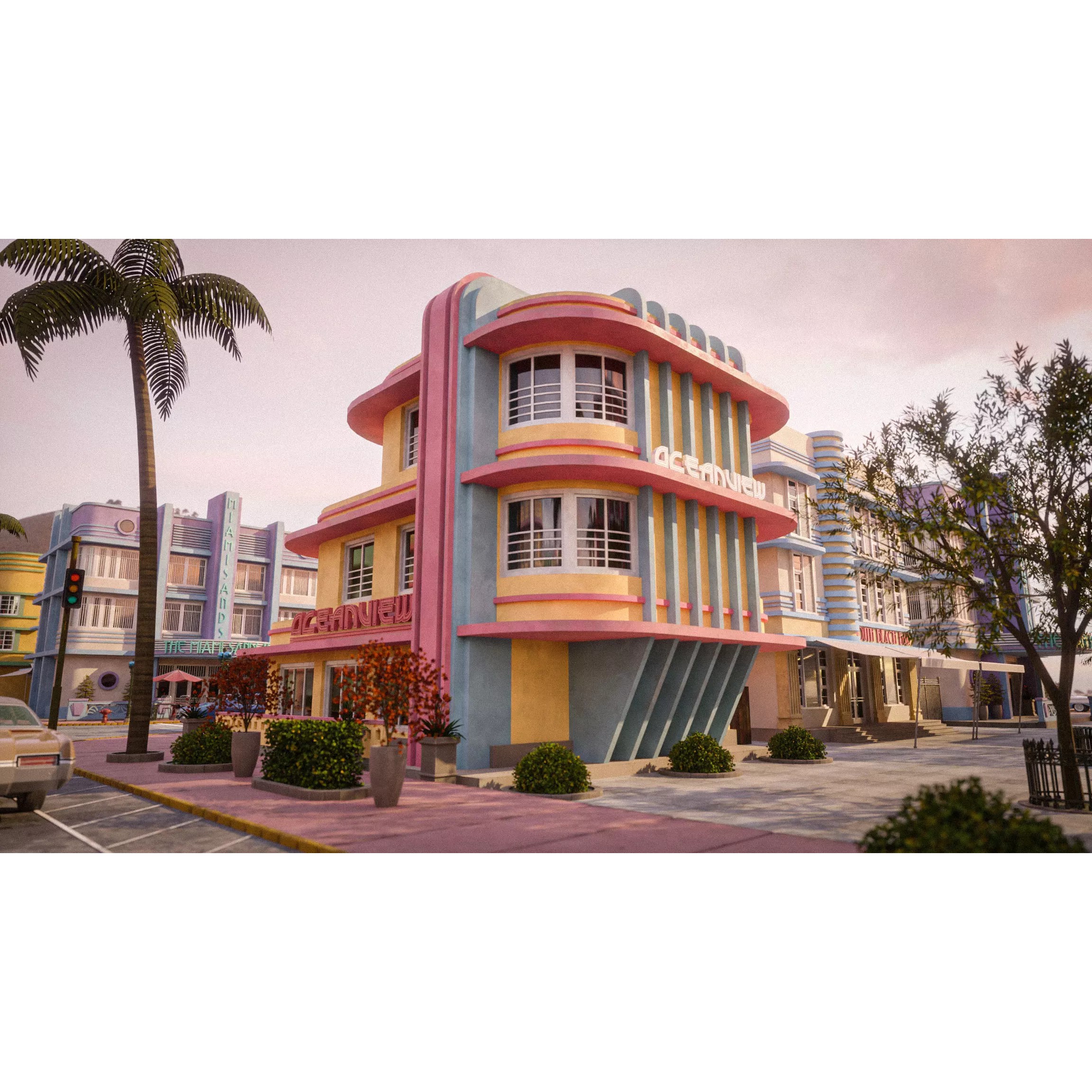 Miami Vice City Art Deco Building - Low-Poly Game-Ready 3D Model - View 10