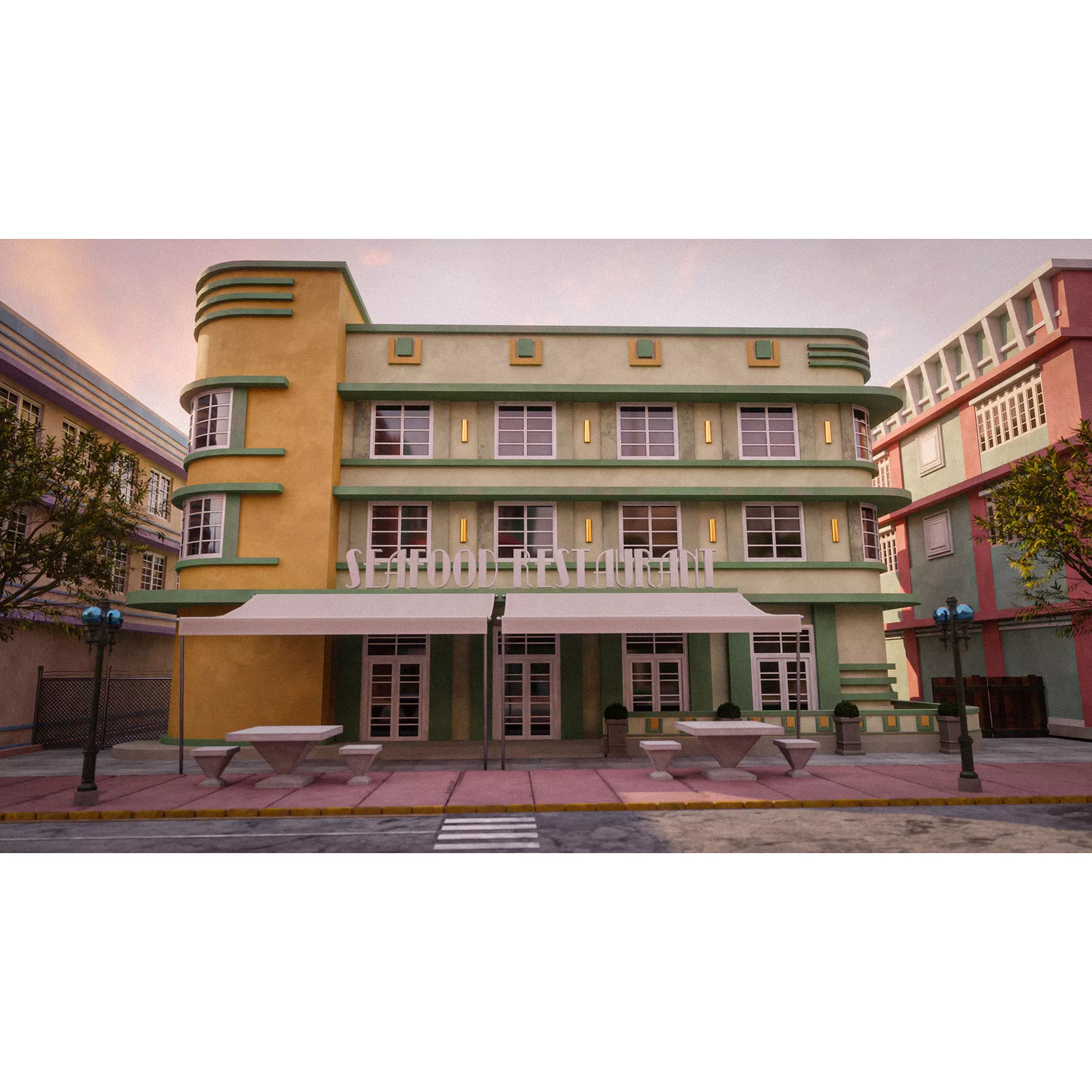 Miami Vice City Art Deco Building - Low-Poly Game-Ready 3D Model - View 11