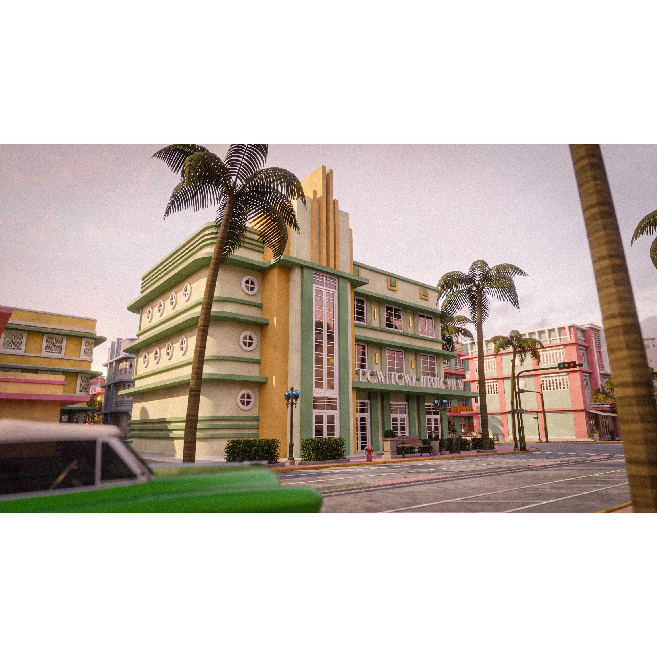 Miami Vice City Art Deco Building - Low-Poly Game-Ready 3D Model - View 12