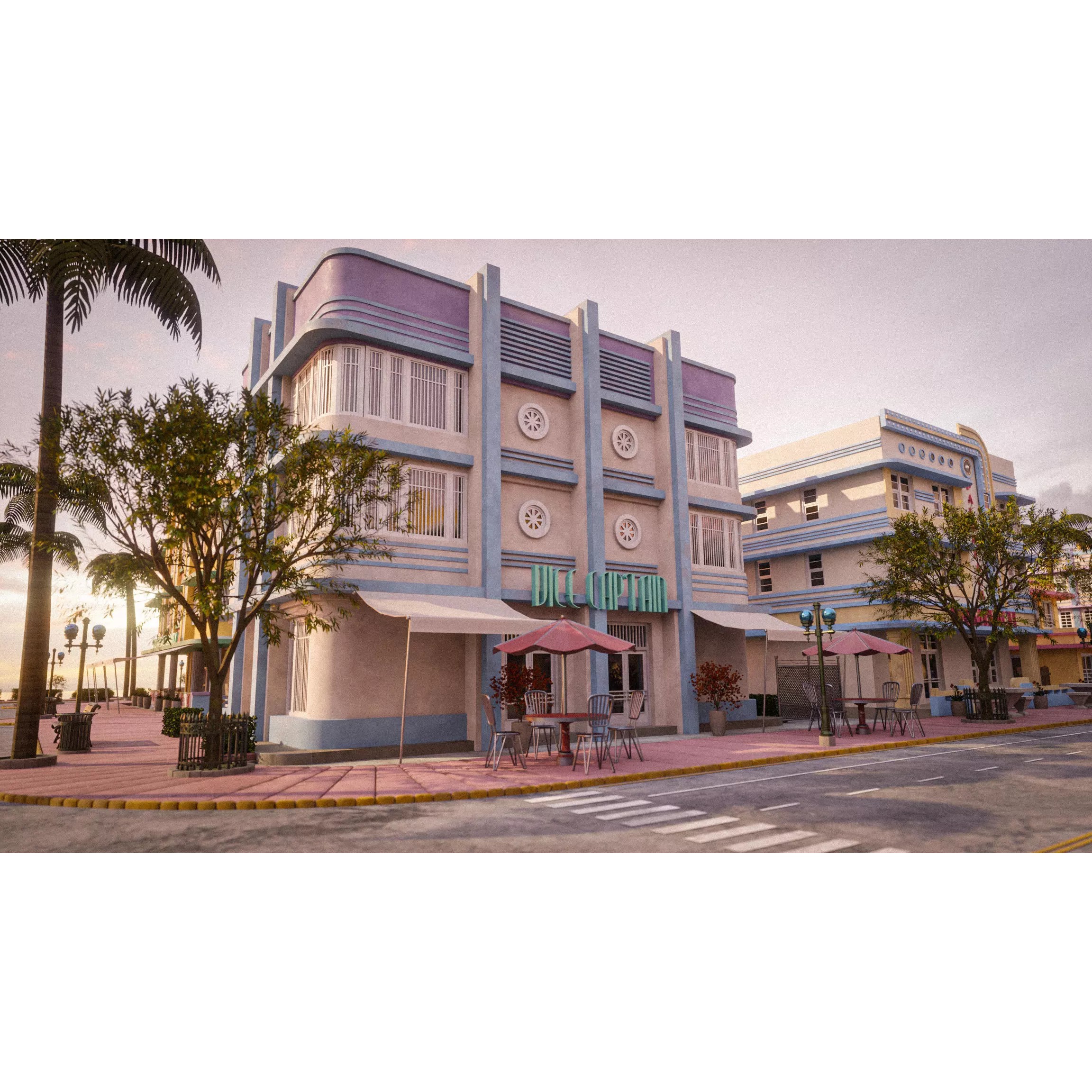 Miami Vice City Art Deco Building - Low-Poly Game-Ready 3D Model - View 14