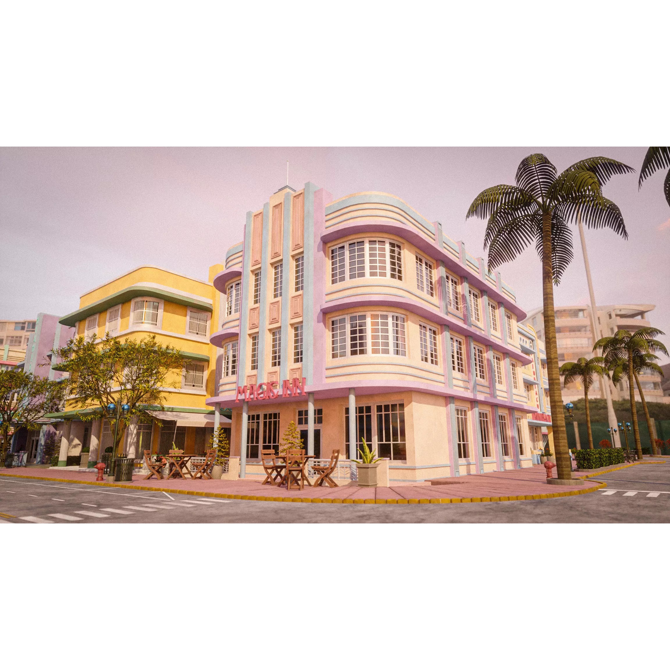 Miami Vice City Art Deco Building - Low-Poly Game-Ready 3D Model - View 15