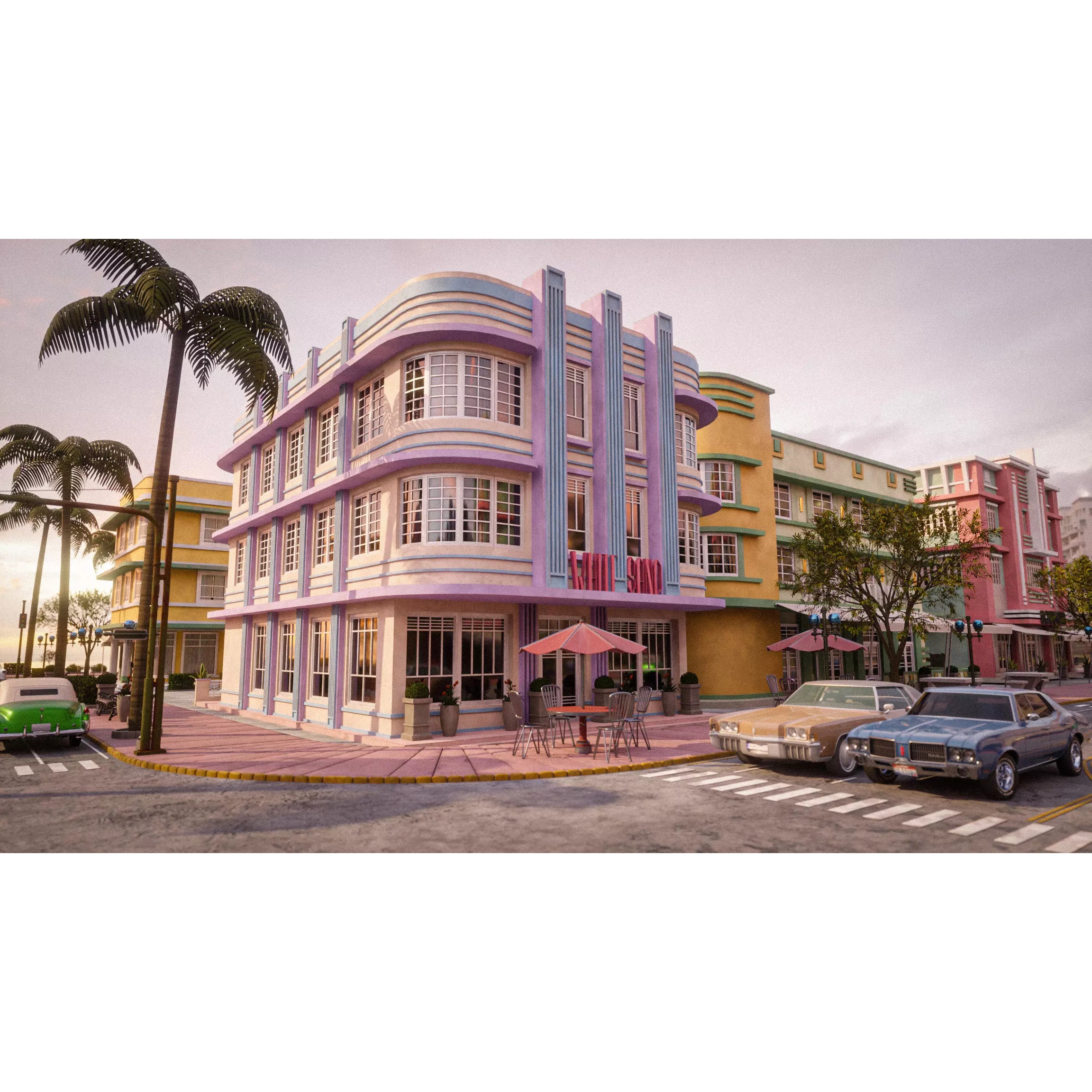 Miami Vice City Art Deco Building - Low-Poly Game-Ready 3D Model - View 16
