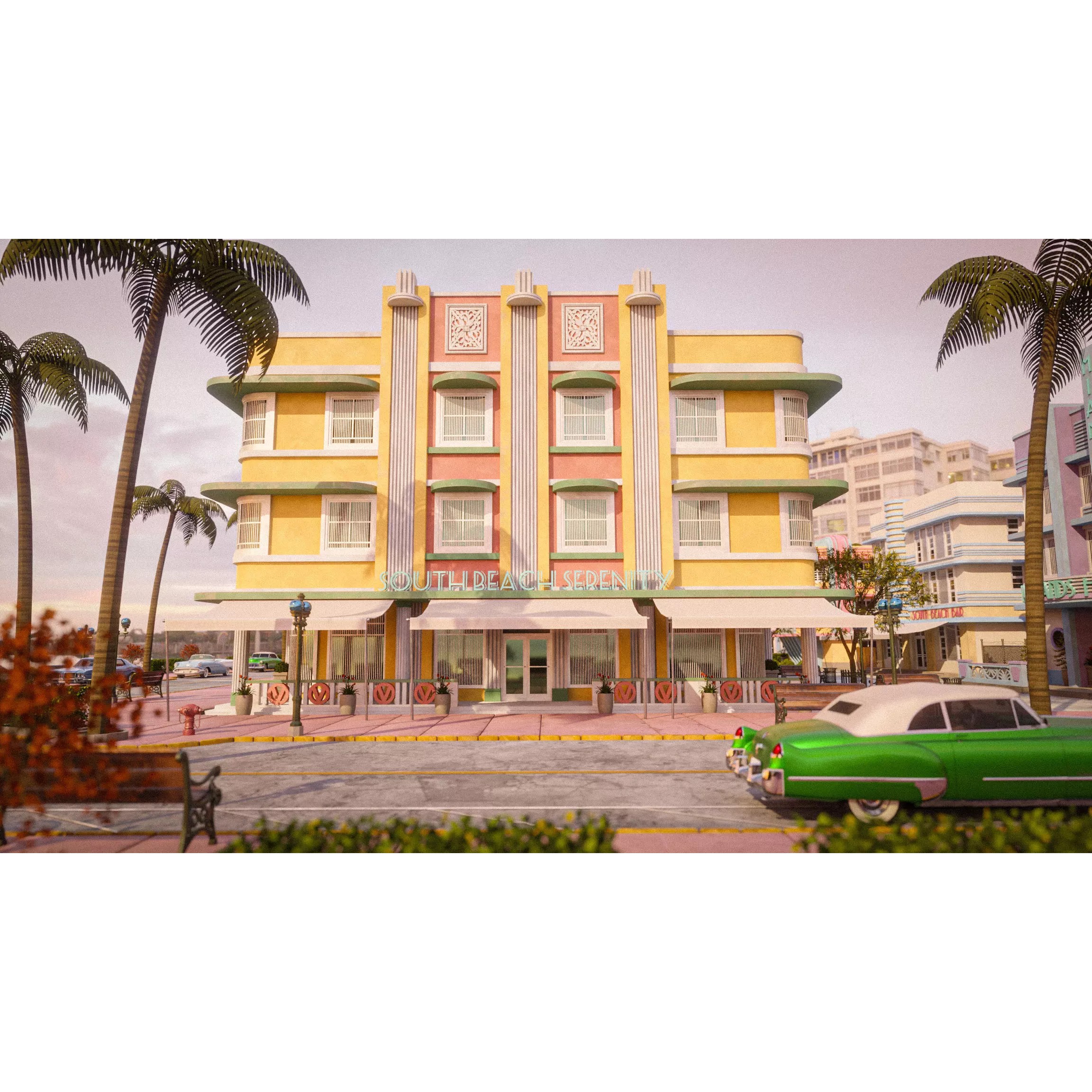 Miami Vice City Art Deco Building - Low-Poly Game-Ready 3D Model - View 17
