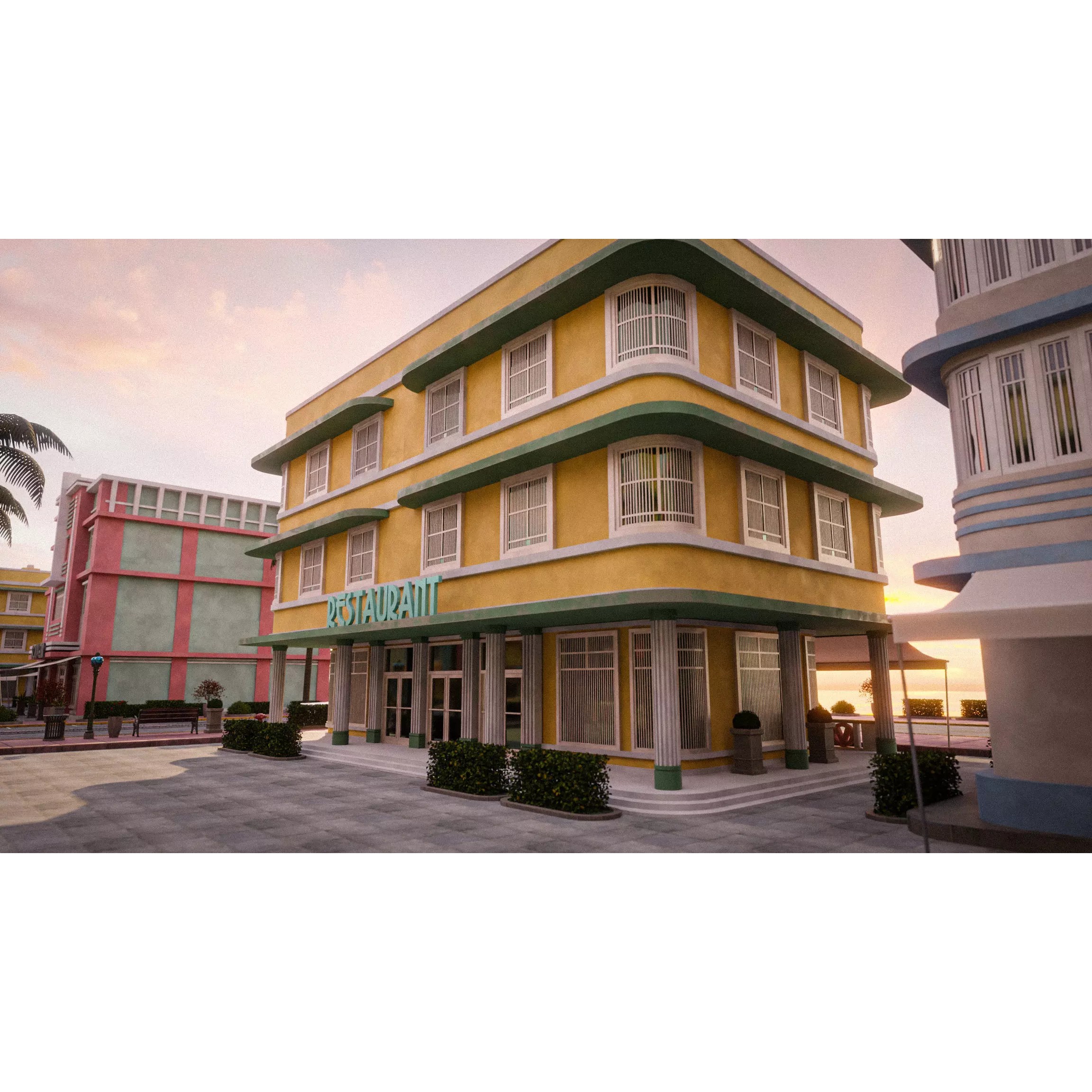 Miami Vice City Art Deco Building - Low-Poly Game-Ready 3D Model - View 18