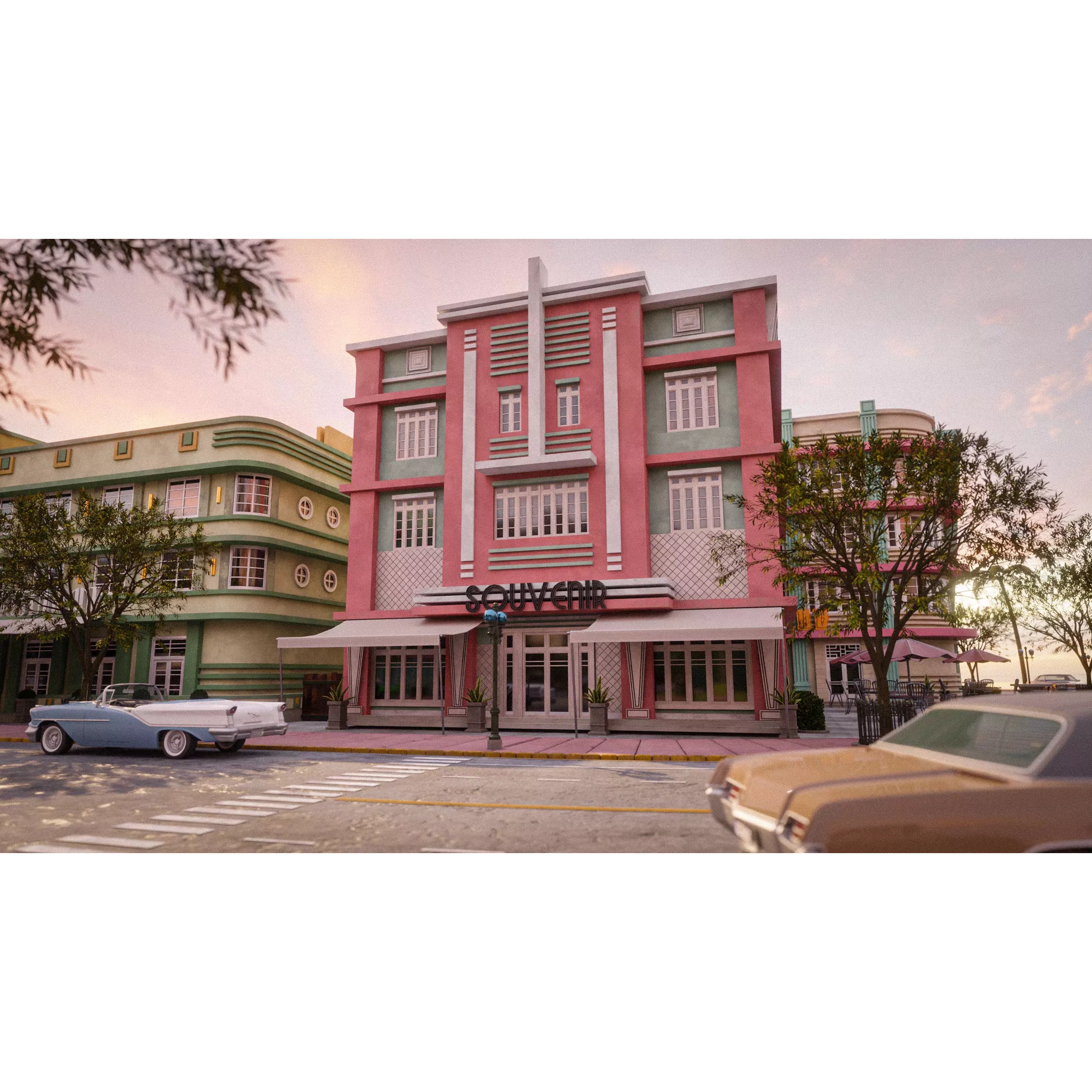 Miami Vice City Art Deco Building - Low-Poly Game-Ready 3D Model - View 20