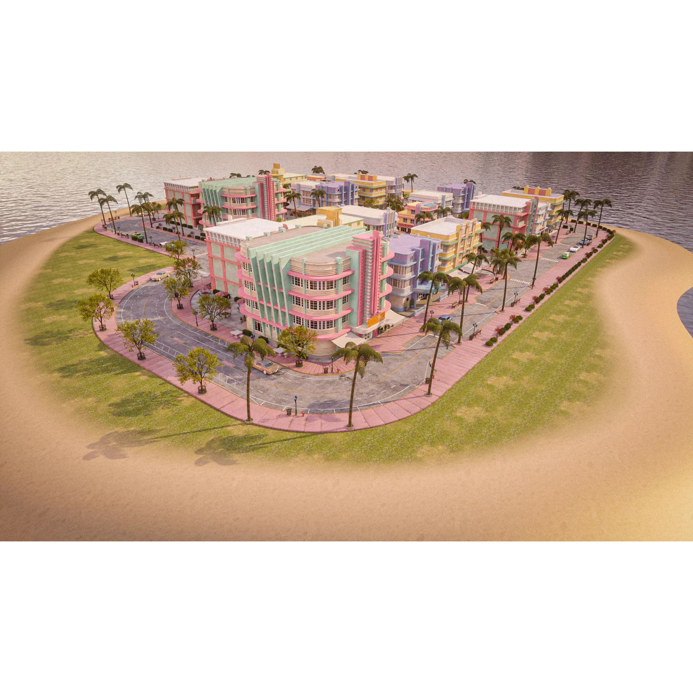 Miami Vice City Art Deco Building - Low-Poly Game-Ready 3D Model - View 5