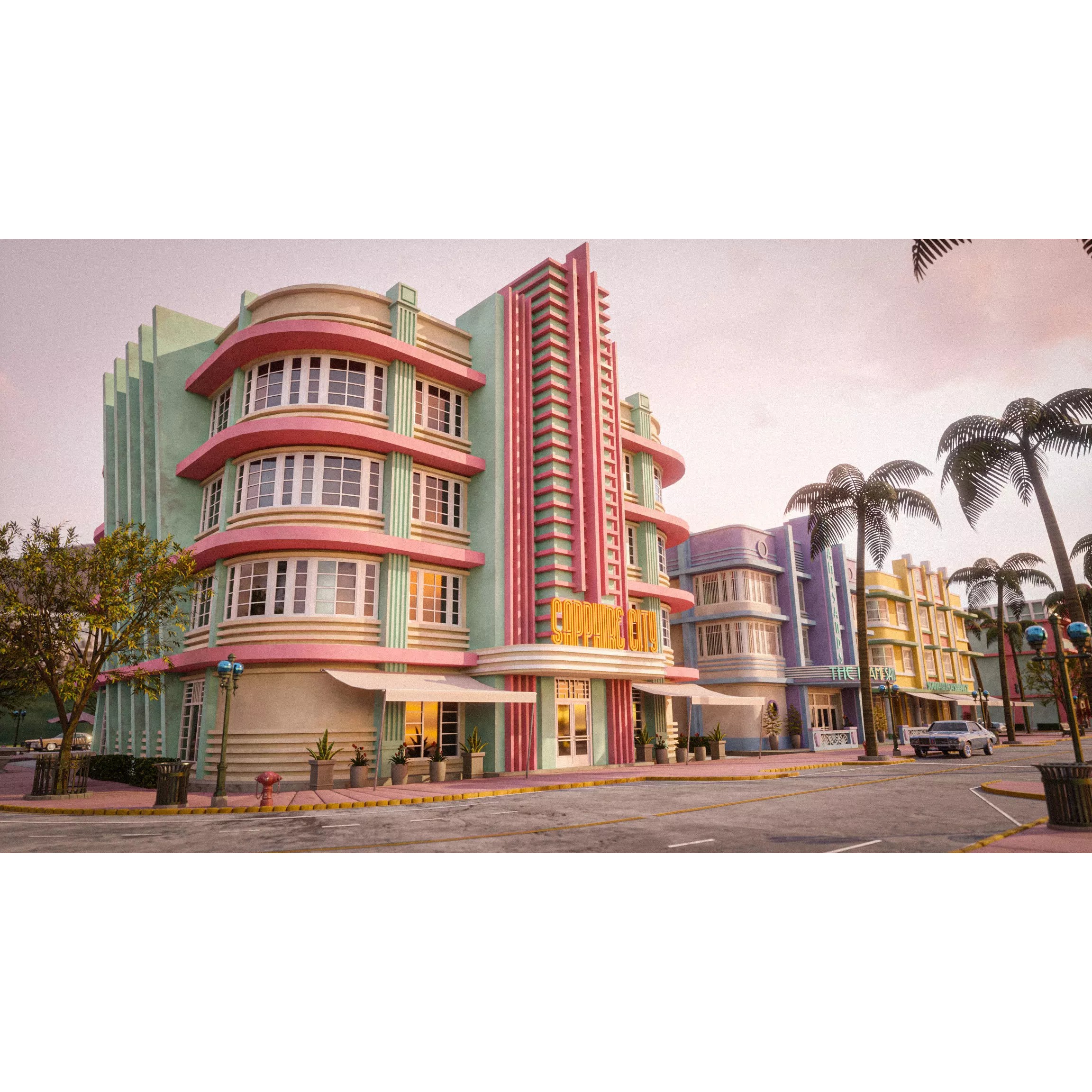 Miami Vice City Art Deco Building - Low-Poly Game-Ready 3D Model - View 7