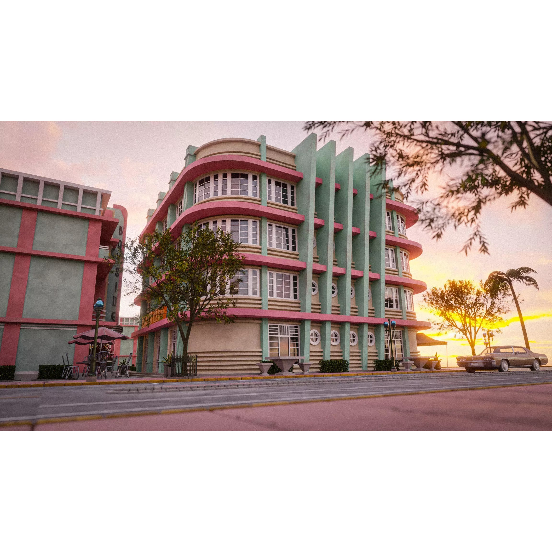 Miami Vice City Art Deco Building - Low-Poly Game-Ready 3D Model - View 8