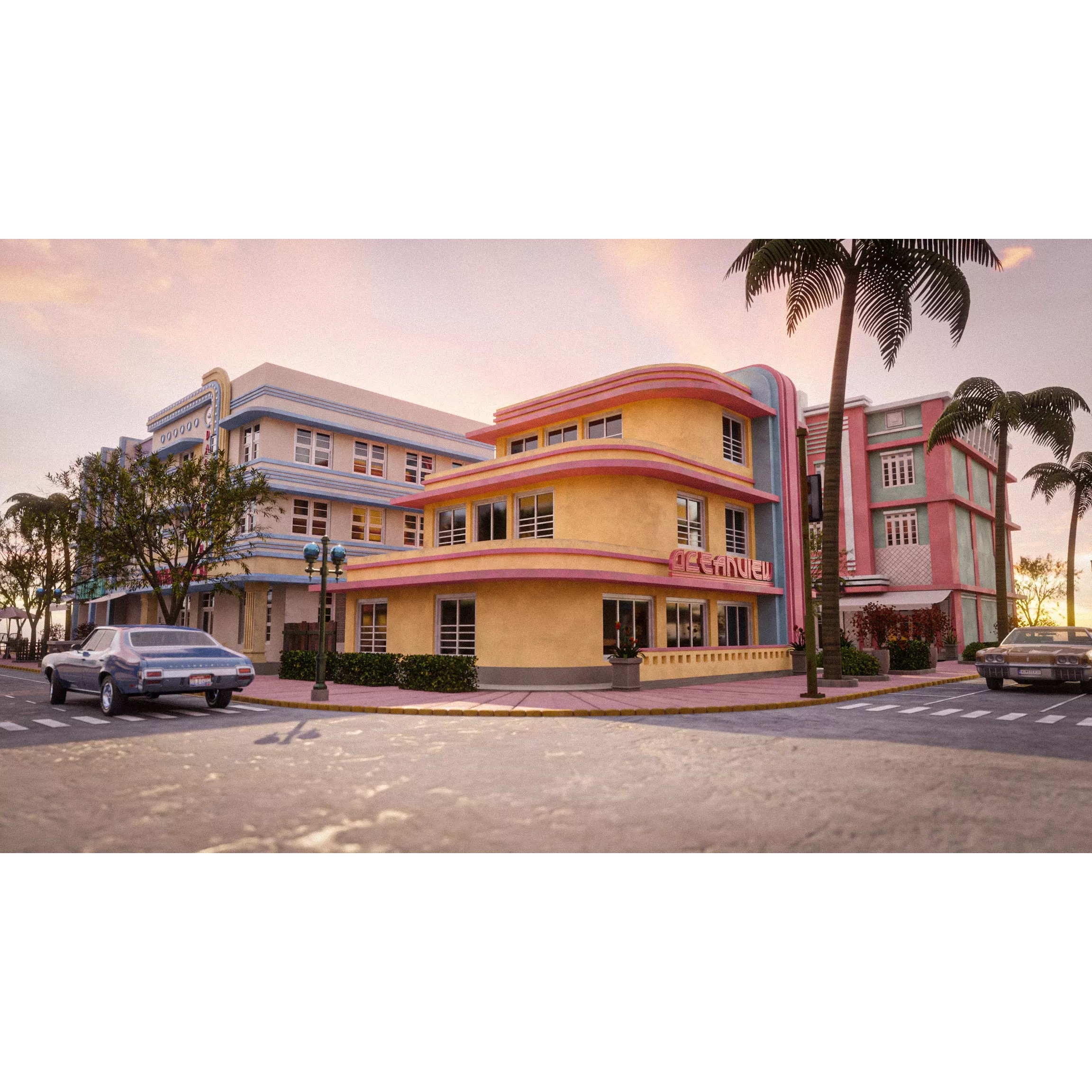 Miami Vice City Art Deco Building - Low-Poly Game-Ready 3D Model - View 9