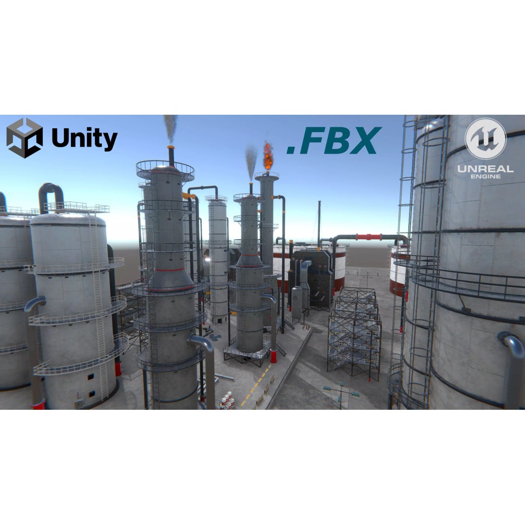 Modular Oil Refinery 3D Model – Low Poly Industrial Asset, FBX - View 2