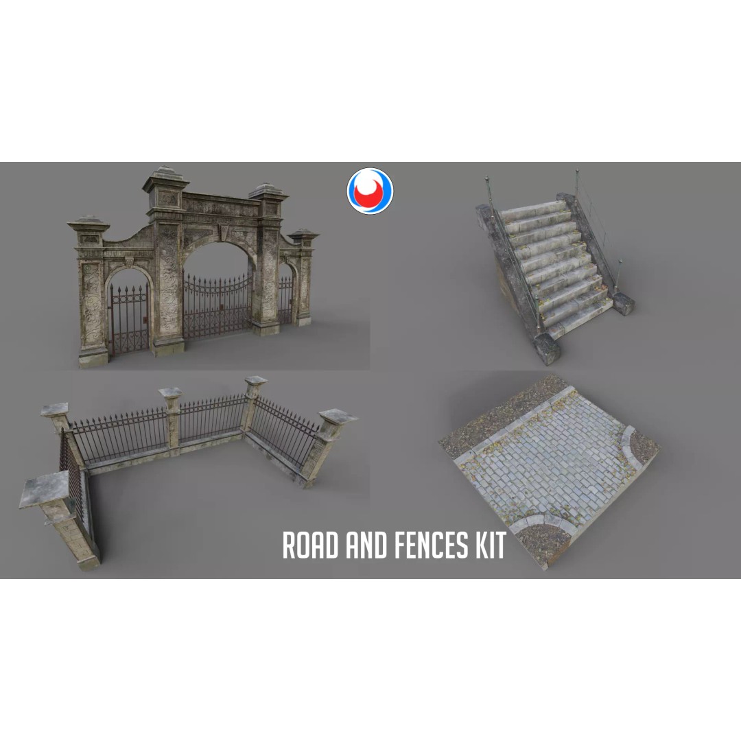 Cemetery Roads and Fences 3D Model – Low Poly Kit, FBX & OBJ Formats - View 2