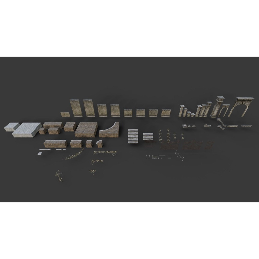 Cemetery Roads and Fences 3D Model – Low Poly Kit, FBX & OBJ Formats - View 3