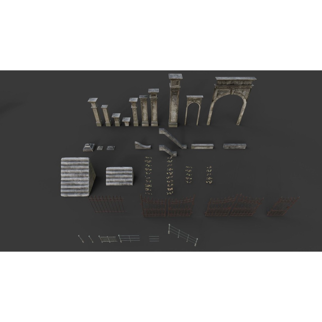 Cemetery Roads and Fences 3D Model – Low Poly Kit, FBX & OBJ Formats - View 7
