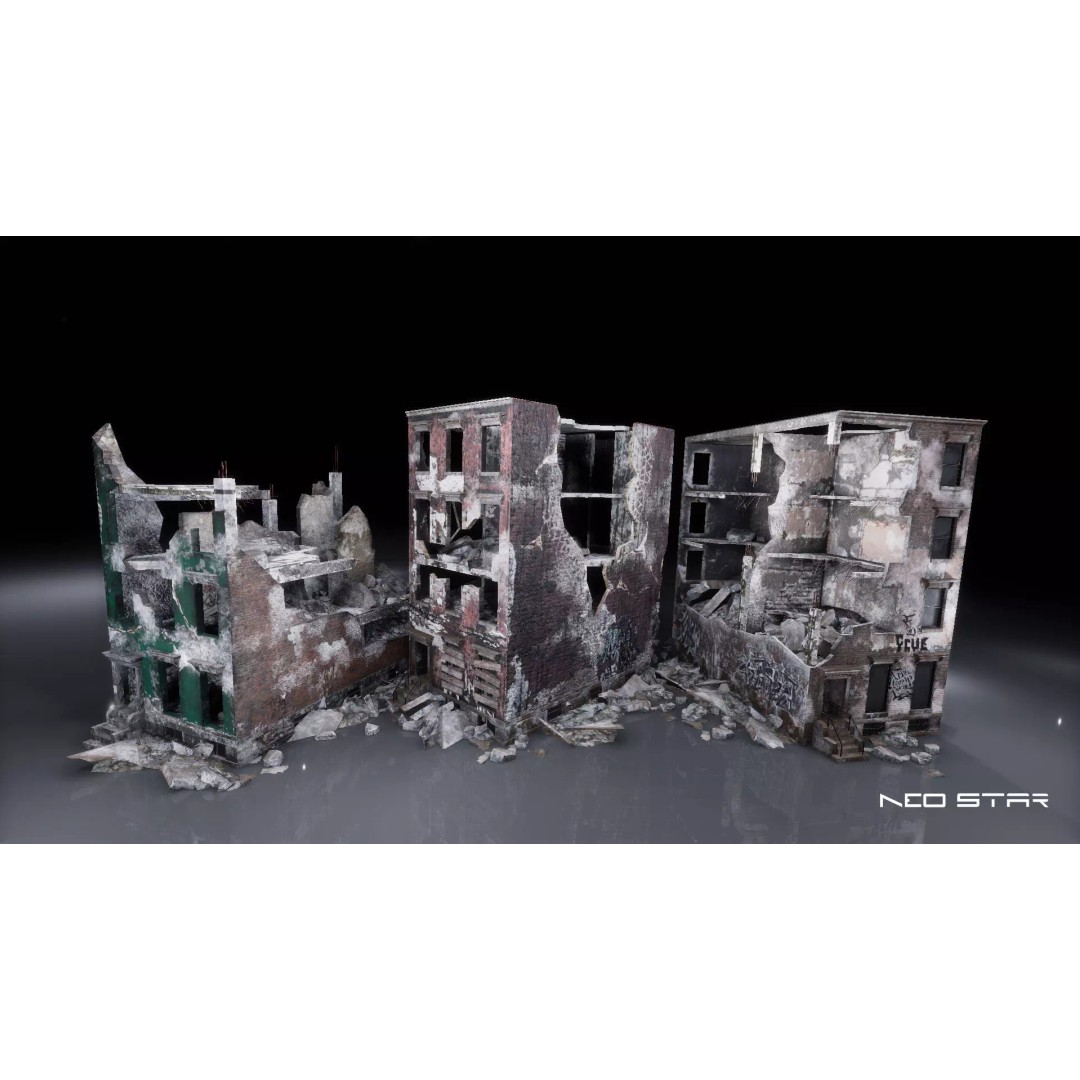 Destroyed Residential Buildings 3D Model – Low Poly Game Asset, FBX & OBJ - View 2