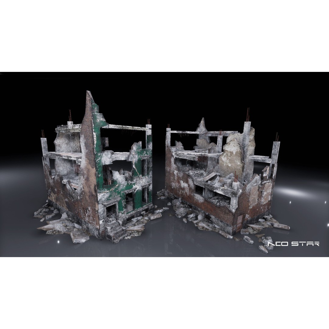 Destroyed Residential Buildings 3D Model – Low Poly Game Asset, FBX & OBJ - View 3
