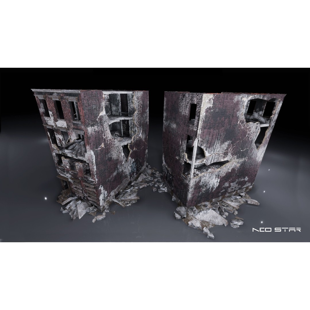 Destroyed Residential Buildings 3D Model – Low Poly Game Asset, FBX & OBJ - View 5