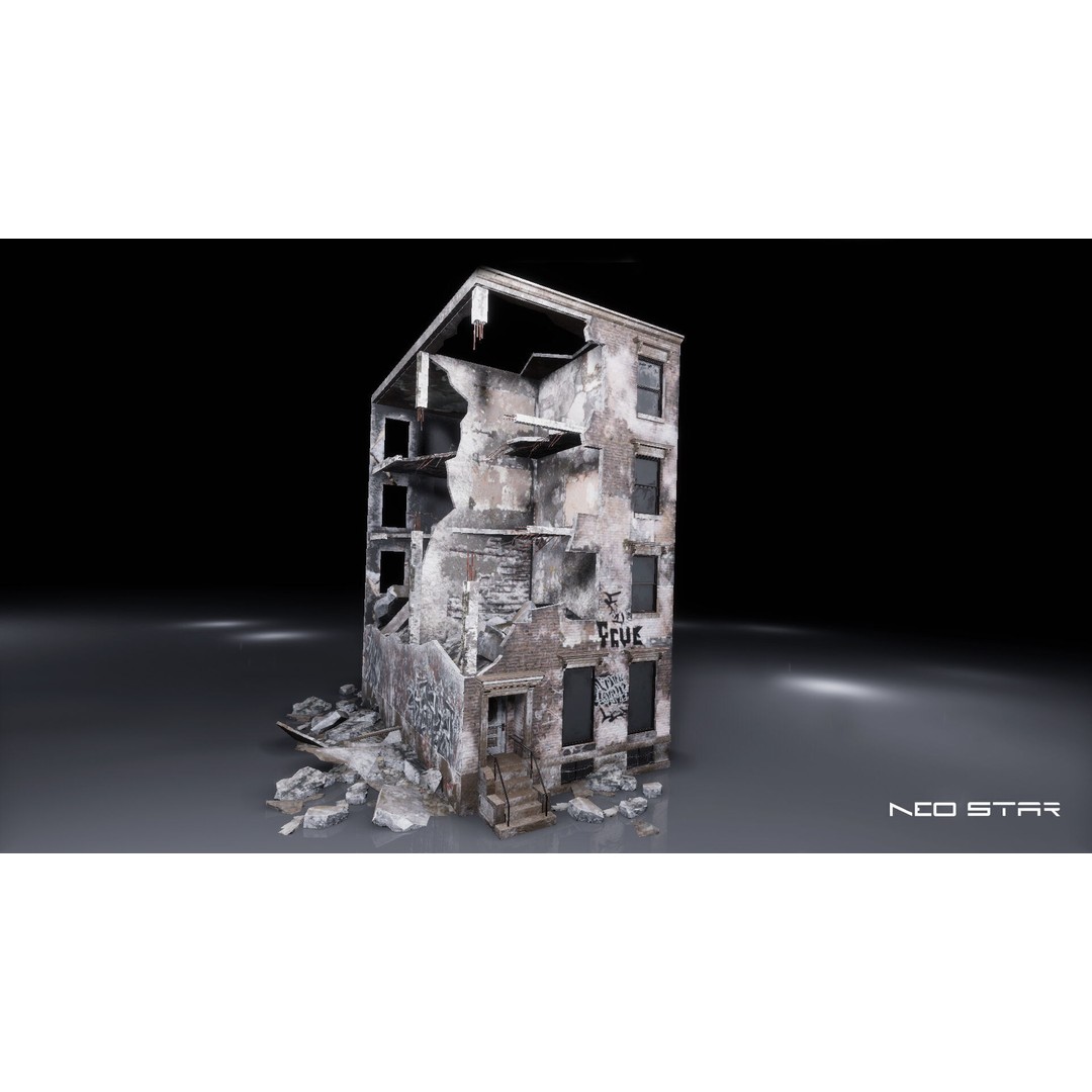 Destroyed Residential Buildings 3D Model – Low Poly Game Asset, FBX & OBJ - View 6