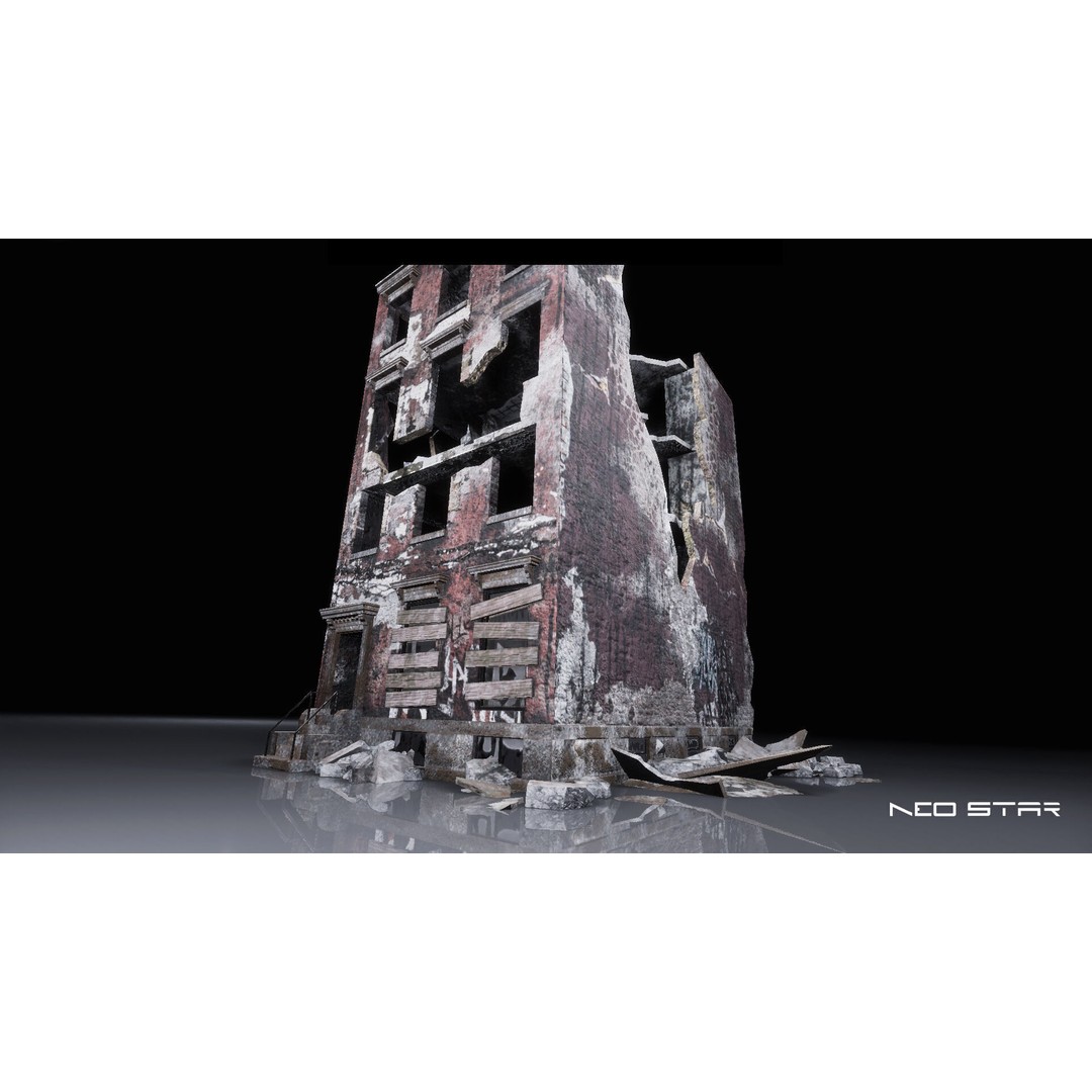 Destroyed Residential Buildings 3D Model – Low Poly Game Asset, FBX & OBJ - View 8