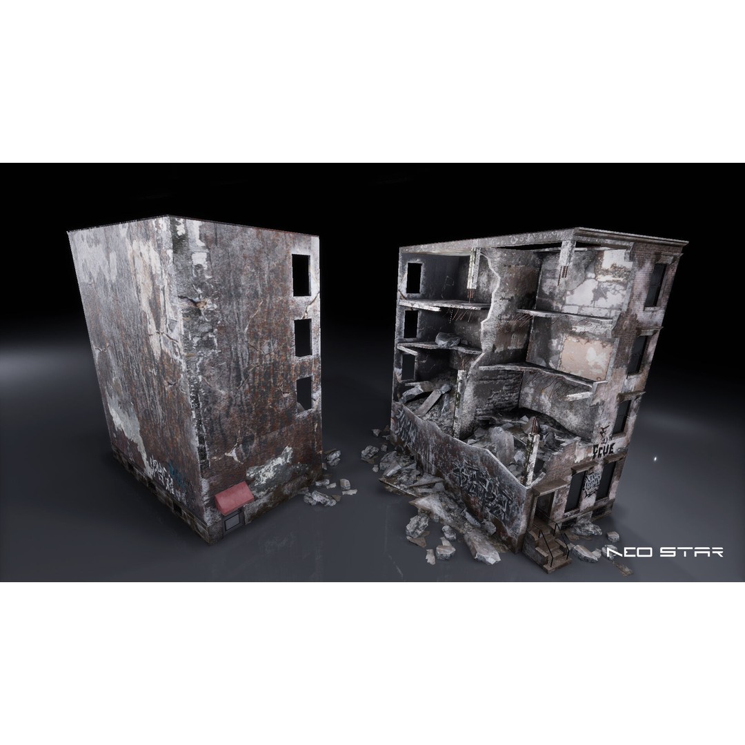 Destroyed Residential Buildings 3D Model – Low Poly Game Asset, FBX & OBJ - View 9