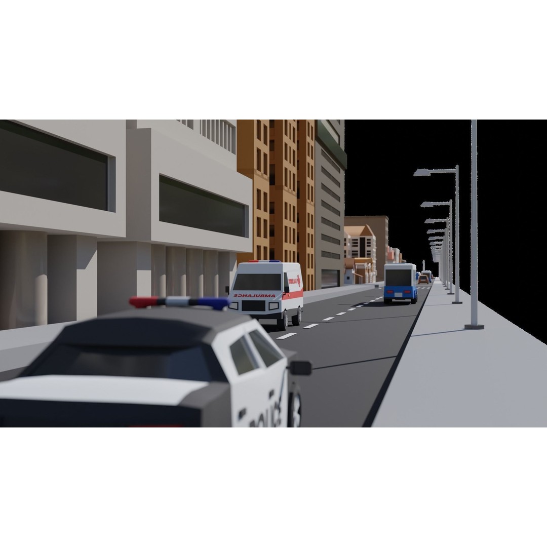 Low Poly City 3D Model – Modular Cityscape with Buildings and Cars - View 11