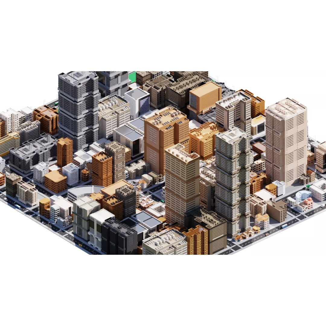 Low Poly City 3D Model – Modular Cityscape with Buildings and Cars - View 2