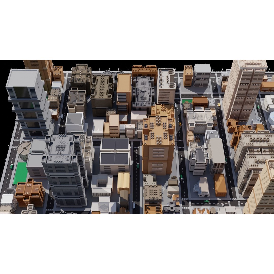 Low Poly City 3D Model – Modular Cityscape with Buildings and Cars - View 3