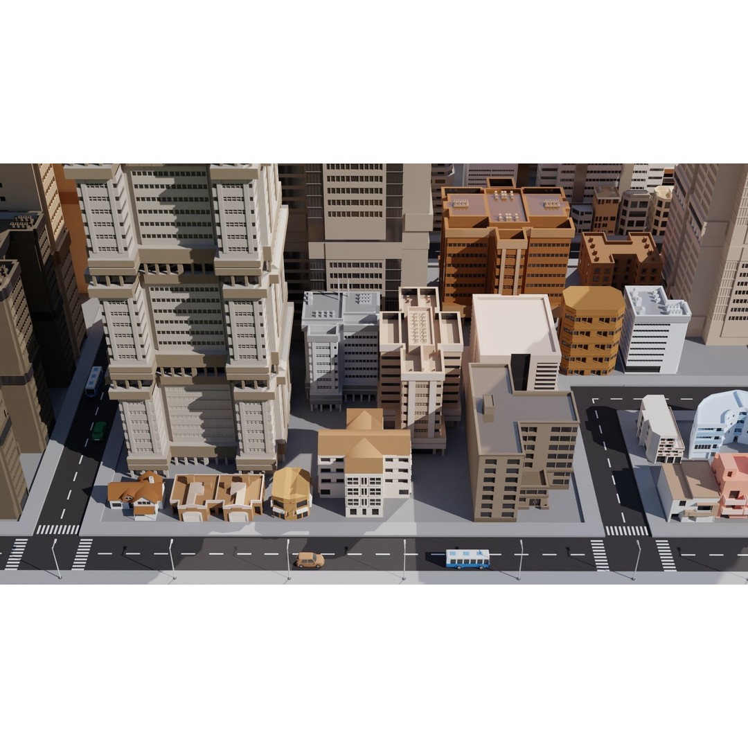 Low Poly City 3D Model – Modular Cityscape with Buildings and Cars - View 4