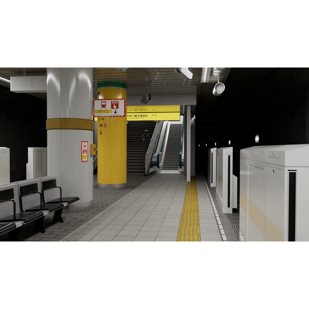 Japanese Railway Metro Station 3D Model – Low Poly, PBR Textures, FBX - View 8