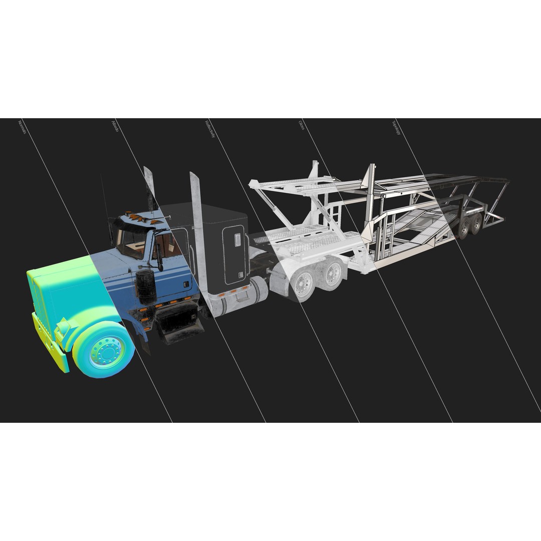 Flat Top Semi Truck 3D Model – Low Poly Car Carrier Trailer, FBX