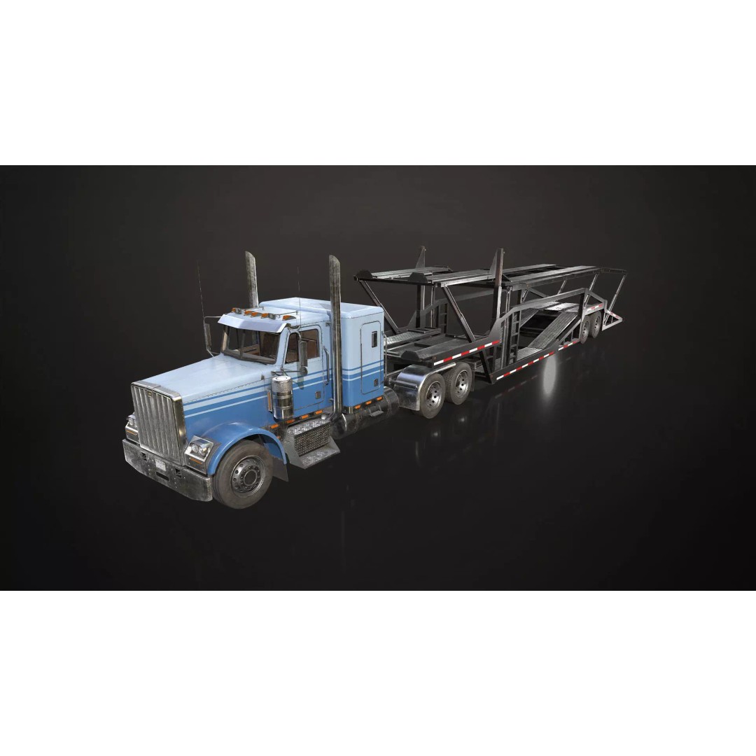 Flat Top Semi Truck 3D Model – Low Poly Car Carrier Trailer, FBX - View 2