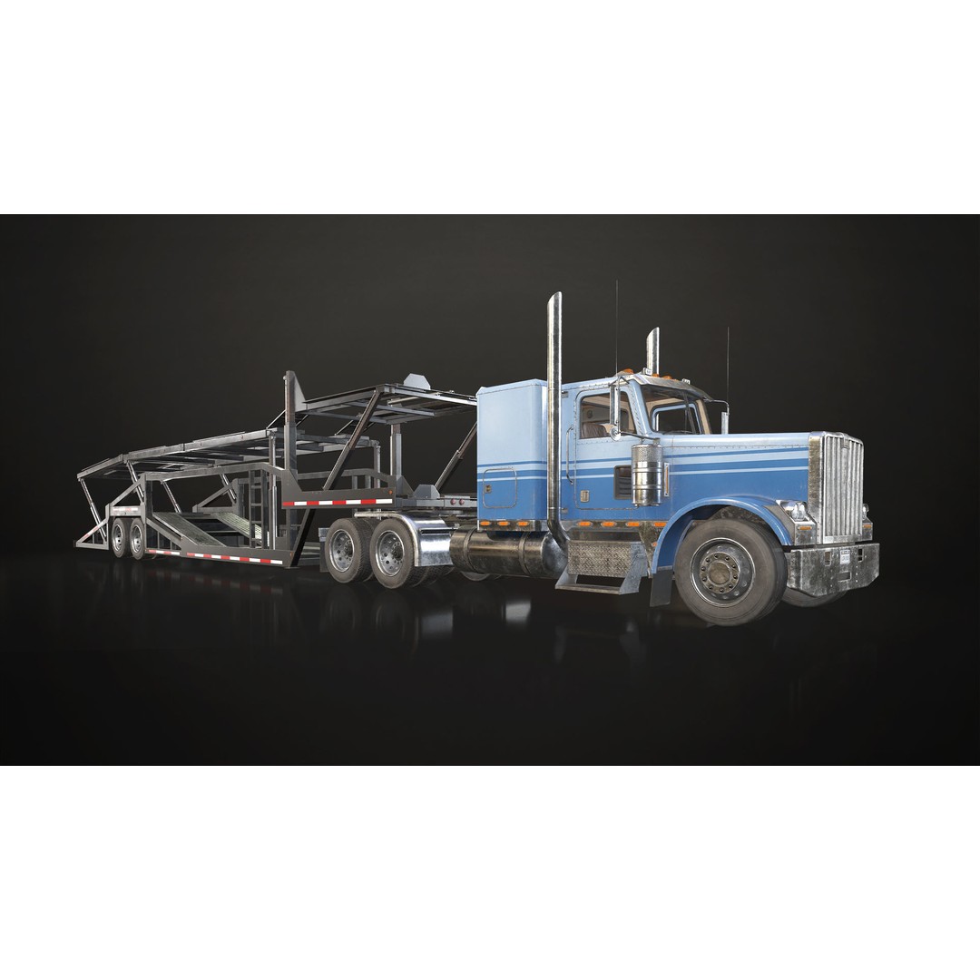 Flat Top Semi Truck 3D Model – Low Poly Car Carrier Trailer, FBX - View 3