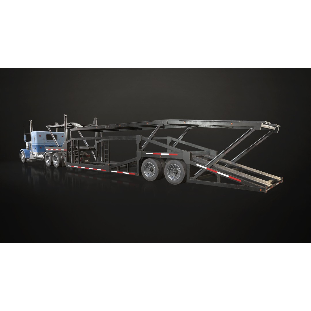 Flat Top Semi Truck 3D Model – Low Poly Car Carrier Trailer, FBX - View 4